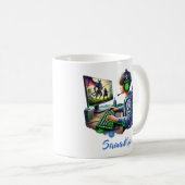 Jongen die video speelde kwam met een koptelefoon koffiemok (Voorkant rechts)