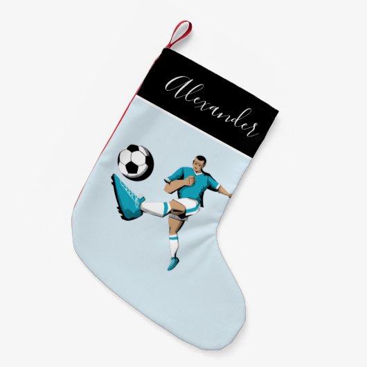 Jongen die voetballen schoppen balspeler coach naa kleine kerstsok (Voorkant (Hangend))