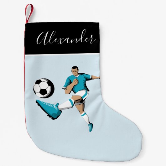 Jongen die voetballen schoppen balspeler coach naa kleine kerstsok (Voorkant)