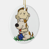 Jongen die zijn hond liefdevol omhelst | Achterkle Keramisch Ornament (Rechts)