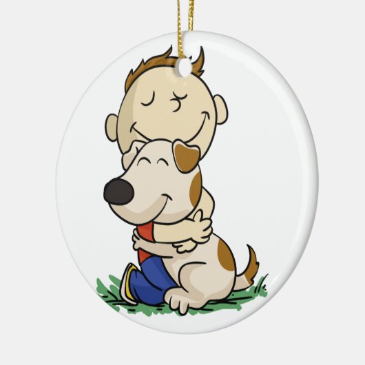 Jongen die zijn hond liefdevol omhelst | Achterkle Keramisch Ornament (Links)