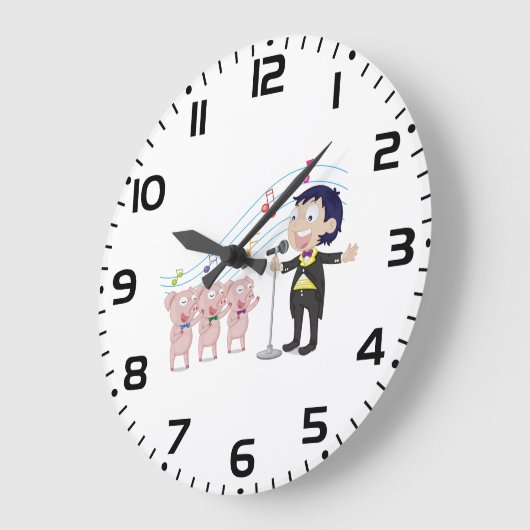 Jongen die zingt met koor van drie varkens grote klok (Hoek)