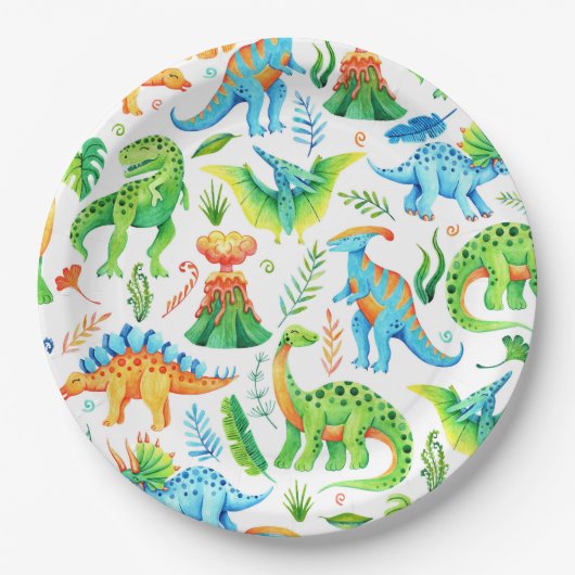 Jongen Dino Party Trex, Stegosaurus, Triceratops Papieren Bordje (Voorkant)