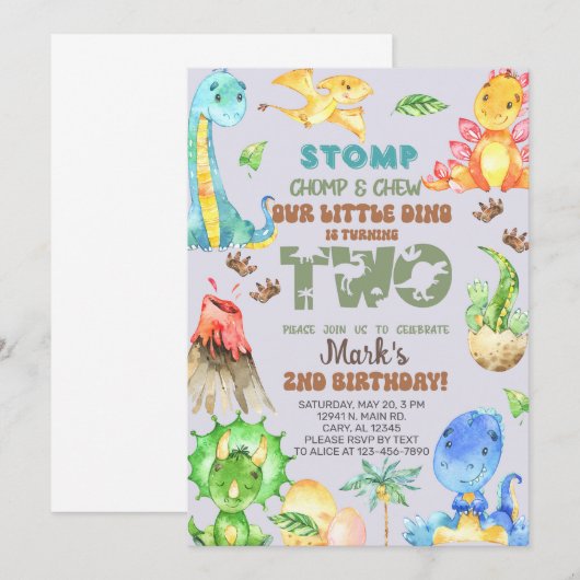 Jongen dino wordt twee 2e verjaardag. kaart (Voorkant / Achterkant)