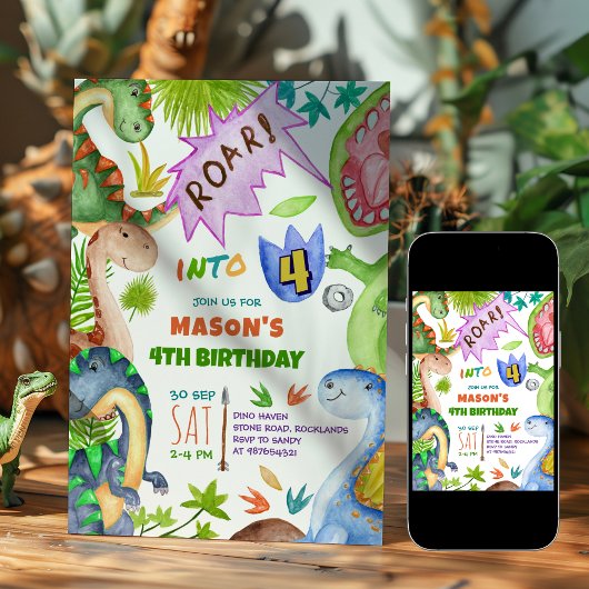Jongen Dinosaur 4e Verjaardagsuitnodiging Kaart