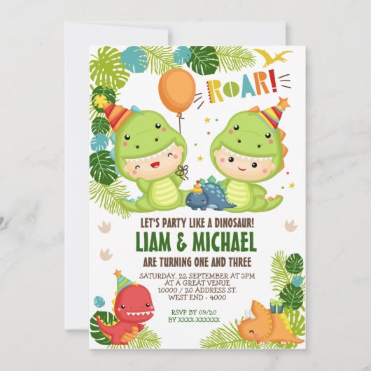Jongen Dinosaur Joint Birthday Invitation Kaart (Voorkant)