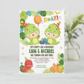 Jongen Dinosaur Joint Birthday Invitation Kaart (Staand voorkant)