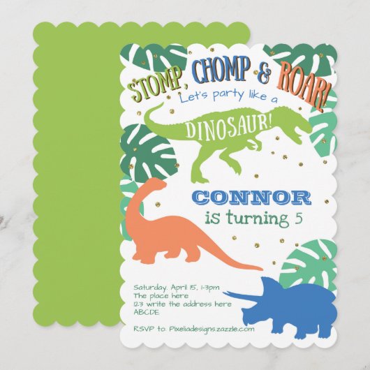 Jongen Dinosaur Party, Blauw, Groen, Dinomite Verj Kaart (Voorkant / Achterkant)