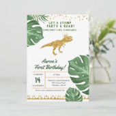 Jongen dinosaur-verjaardagsuitnodiging kaart (Staand voorkant)