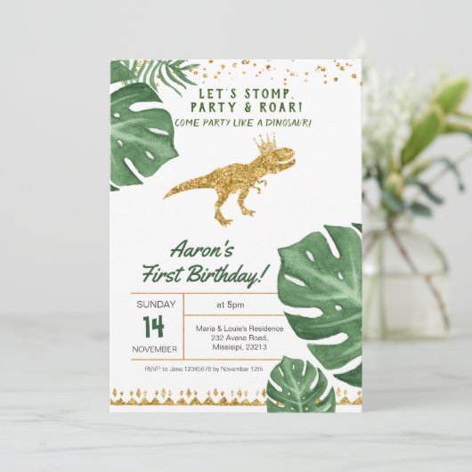Jongen dinosaur-verjaardagsuitnodiging kaart (Staand voorkant)