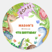 Jongen Dinosaurus 4e Verjaardagsuitnodiging Ronde Sticker (Voorkant)
