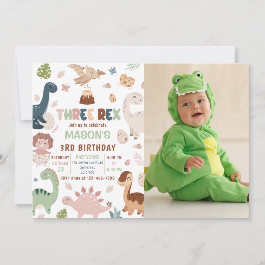 Jongen Dinosaurus Drie Rex 3e Verjaardag Foto Kaart (Voorkant)