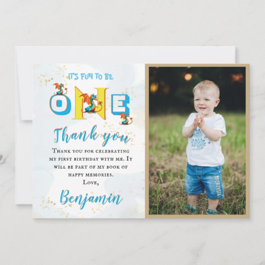 Jongen Dinosaurus Gepersonaliseerde Foto Eerste Ve Bedankkaart (Voorkant)