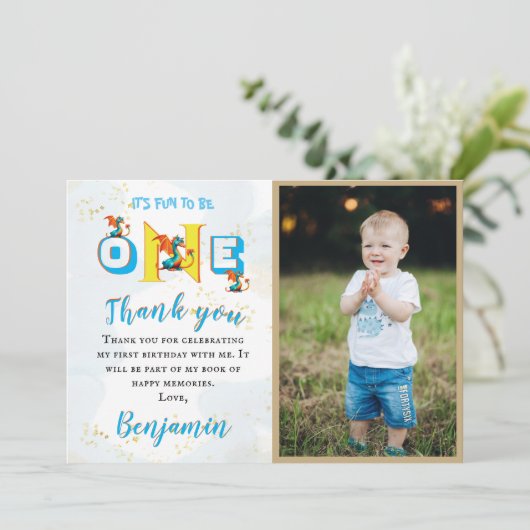 Jongen Dinosaurus Gepersonaliseerde Foto Eerste Ve Bedankkaart (Staand voorkant)