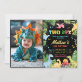 Jongen Dinosaurus Twee Rex 2e Verjaardagsfeestfoto Kaart (Voorkant)