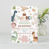 Jongen Dinosaurus Twee Rex 2e Verjaardagsfeestje Kaart (Staand voorkant)