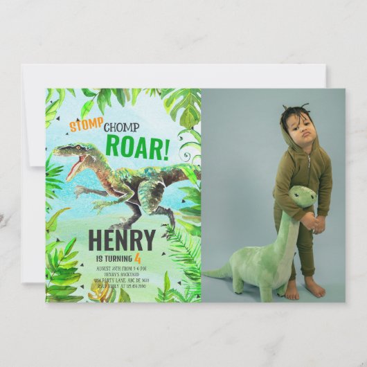 Jongen Dinosaurus Verjaardag Foto Kaart (Voorkant)