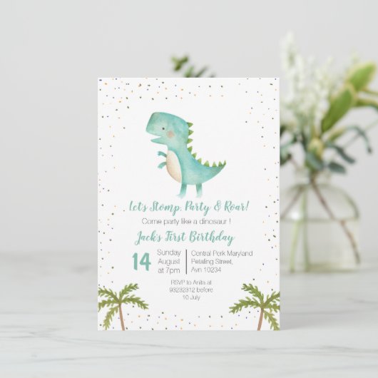 Jongen Dinosaurus Verjaardag Gouden Munt Blauwe Ui Kaart (Staand voorkant)