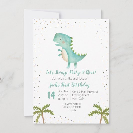 Jongen Dinosaurus Verjaardag Gouden Munt Blauwe Ui Kaart (Voorkant)