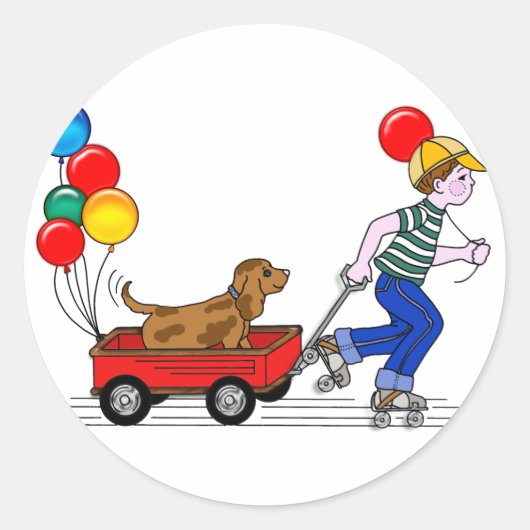 Jongen, Dog, Wagon en ballonnen kopiëren Ronde Sticker (Voorkant)