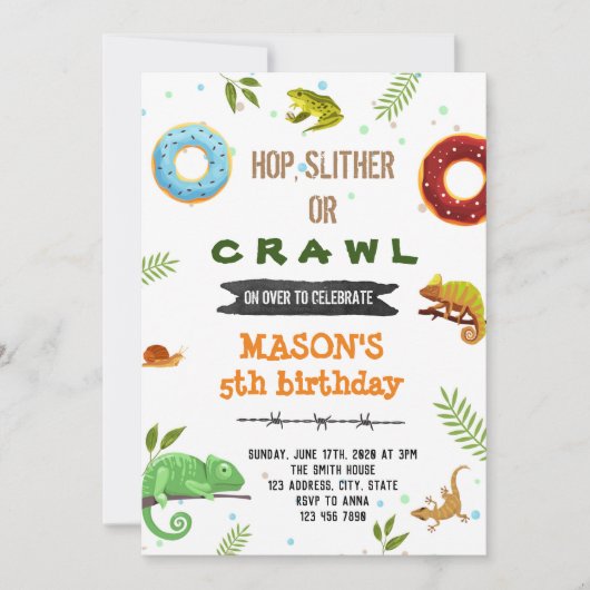 Jongen donut en reptielenfeest kaart (Voorkant)