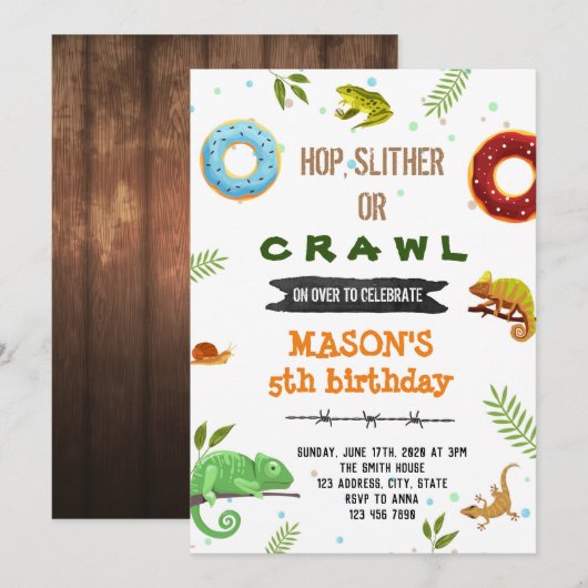 Jongen donut en reptielenfeest kaart (Voorkant / Achterkant)