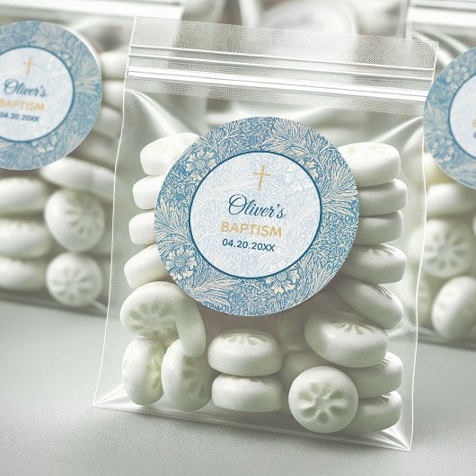 Jongen Doop Blauw Bloemen Marigold William Morris Ronde Sticker