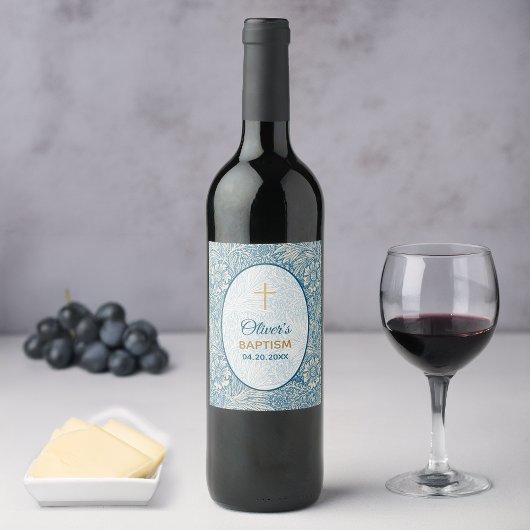 Jongen Doop Blauw Bloemen Marigold William Morris Wijn Etiket