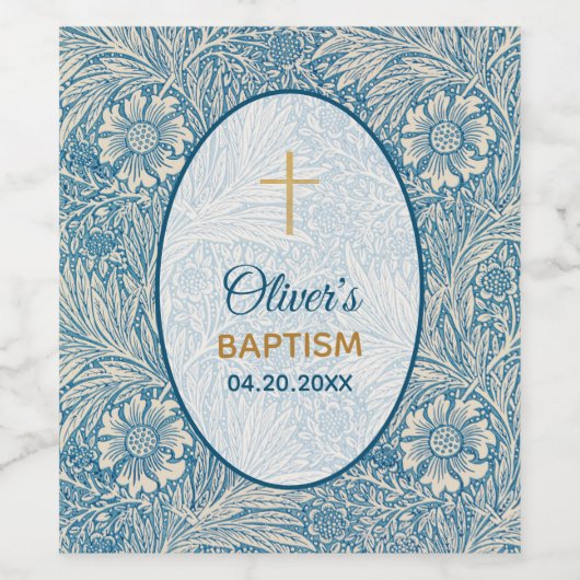 Jongen Doop Blauw Bloemen Marigold William Morris Wijn Etiket (Enkel label)