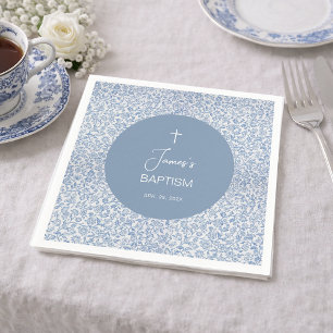 Jongen Doop Blauw en Wit Bloemmotief Elegant Servet