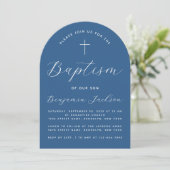Jongen Doop Boog Klassiek Blauw Wit Script & Kruis Kaart (Staand voorkant)