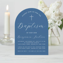 Jongen Doop Boog Klassiek Blauw Wit Script & Kruis