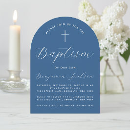 Jongen Doop Boog Klassiek Blauw Wit Script & Kruis Kaart