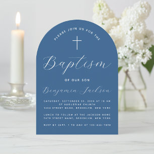 Jongen Doop Boog Klassiek Blauw Wit Script & Kruis Kaart