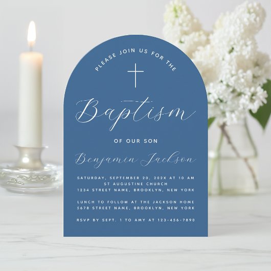 Jongen Doop Boog Klassiek Blauw Wit Script & Kruis Kaart