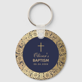 Jongen Doop Elegant Navyblauw Vintage Gouden Rozen Sleutelhanger