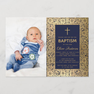 Jongen Doop Foto Marineblauw Vintage Gouden Rozen Kaart