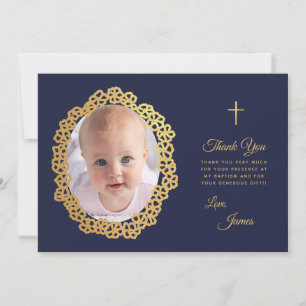 Jongen Doop Foto Navyblauw Goud Bloemenkrans Bedankkaart
