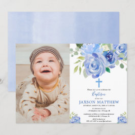 Jongen doop foto uitnodiging, marineblauwe bloemen kaart