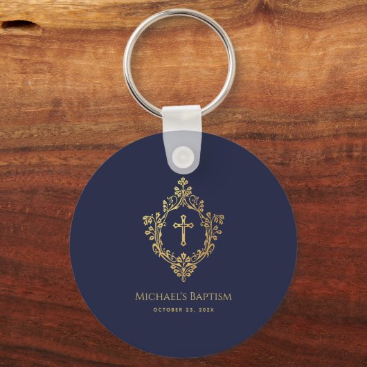 Jongen doop gunst marine blauw faux gouden kuif kr sleutelhanger (Voorkant)