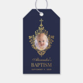 Jongen doop marine blauw foto faux goud elegant cadeaulabel (Voorkant)
