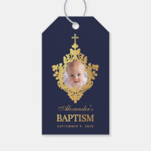 Jongen doop marine blauw foto faux goud elegant