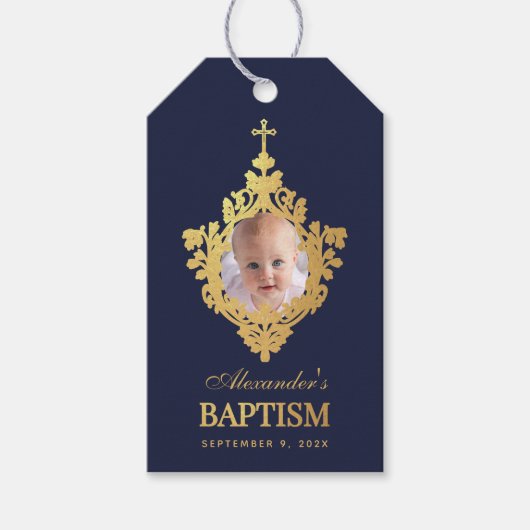 Jongen doop marine blauw foto faux goud elegant cadeaulabel (Voorkant)