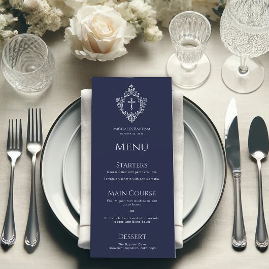 Jongen Doop Marineblauwe Kruis Crest Vintage Elega Menu