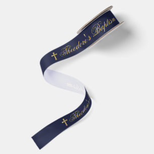 Jongen Doop Navy Blauwe Nep Gouden Kruis Calligraf Satijnen Lint