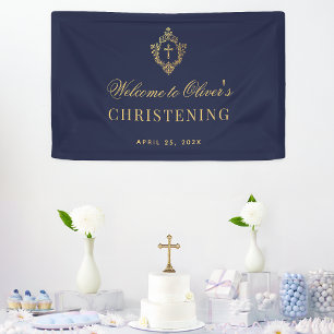 Jongen Doop Navy Blauwe Nep Gouden Vintage Wapen Spandoek