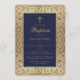 Jongen Doop Navyblauw Goud Bloemen Frame Elegant Kaart