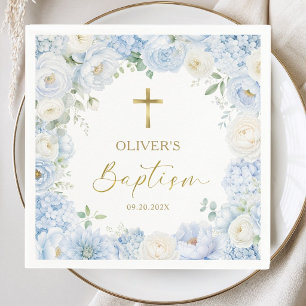 Jongen Doop Stof Blauw Bloemig Elegant Papier Servet