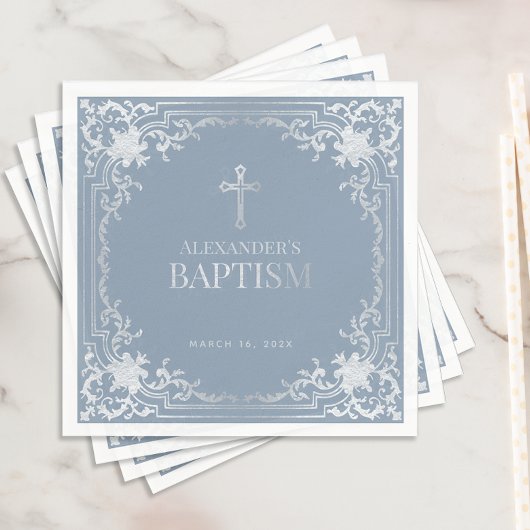 Jongen Doop Stoffig Blauw Elegant Faux Zilver Krui Servet