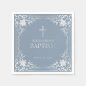 Jongen Doop Stoffig Blauw Elegant Faux Zilver Krui Servet (Voorkant)